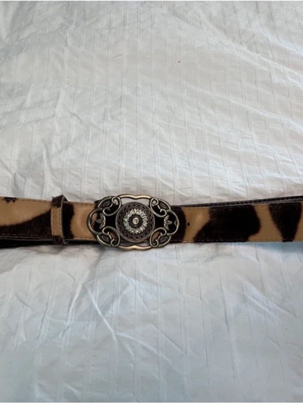 Vintage Cow Print Haircalf Belt With Copper Buckle